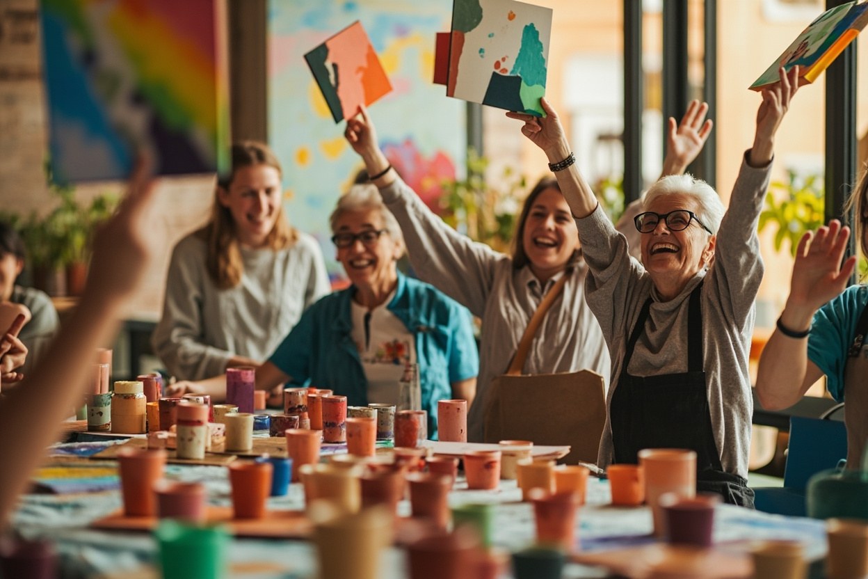 Participants holding up colourful paintings made in a community art workshop