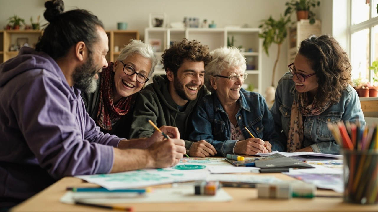 Five people laughing and creating together around a workshop table