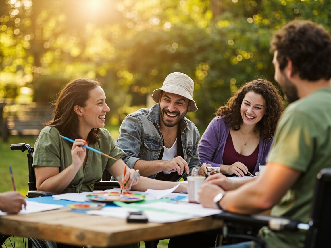 A diverse group of five people painting together at an outdoor table, including a woman using a wheelchair