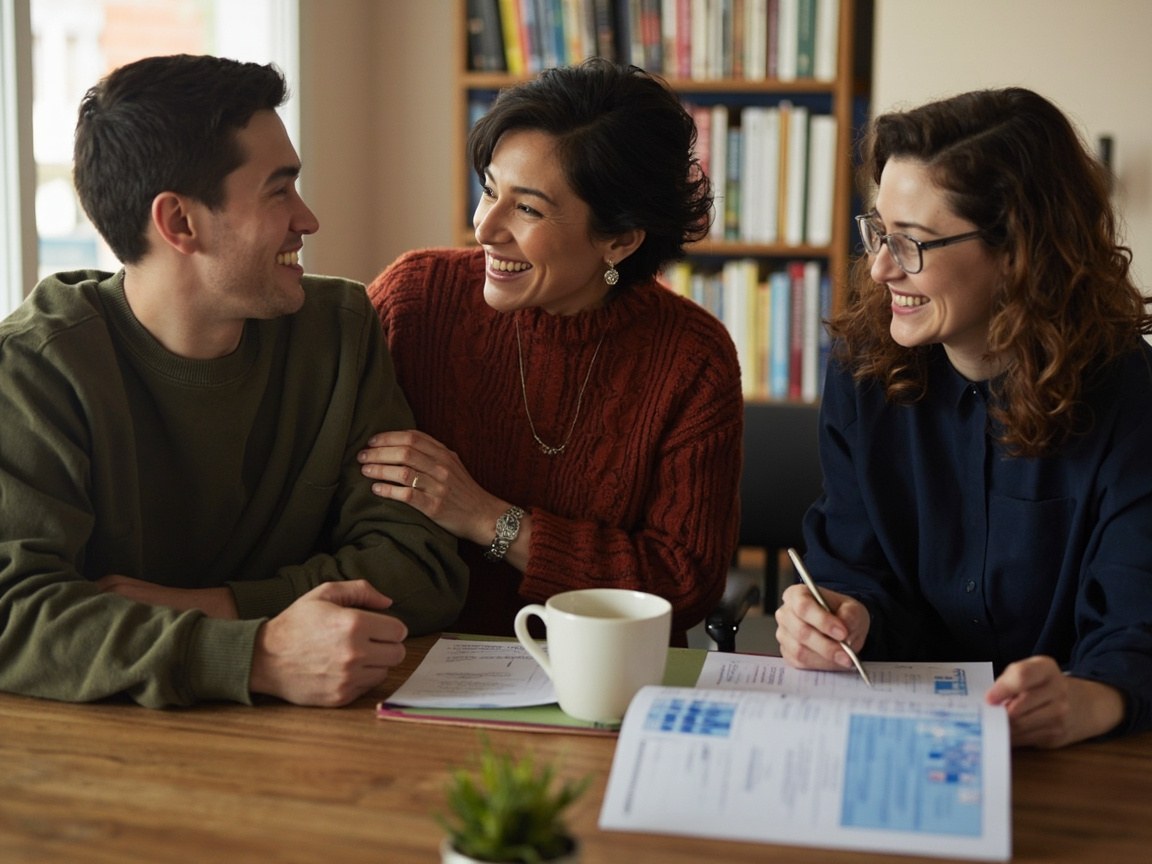 A young person, a family member and a support worker in a warm conversation at a table