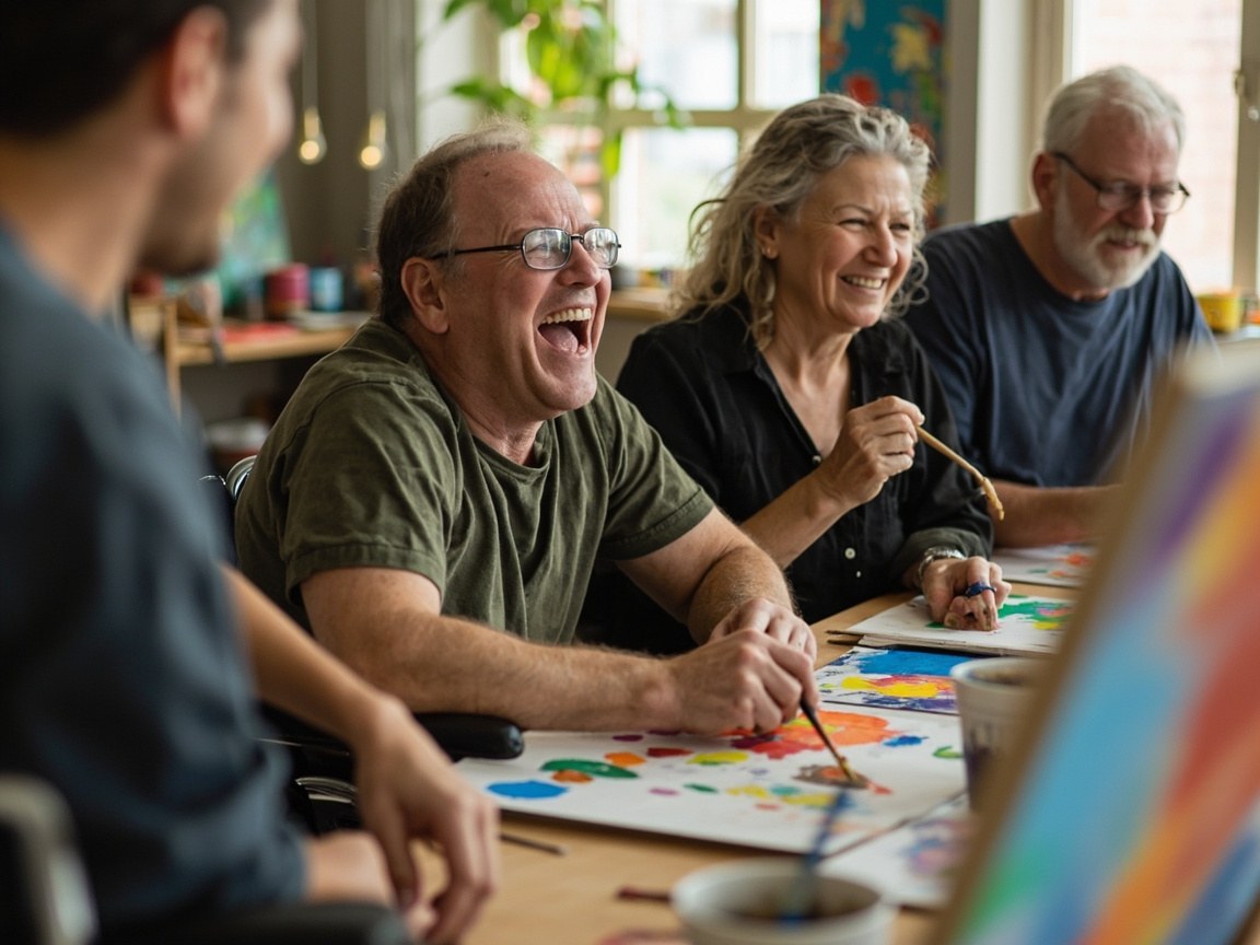 A participant sketching at an easel in a bright community art studio