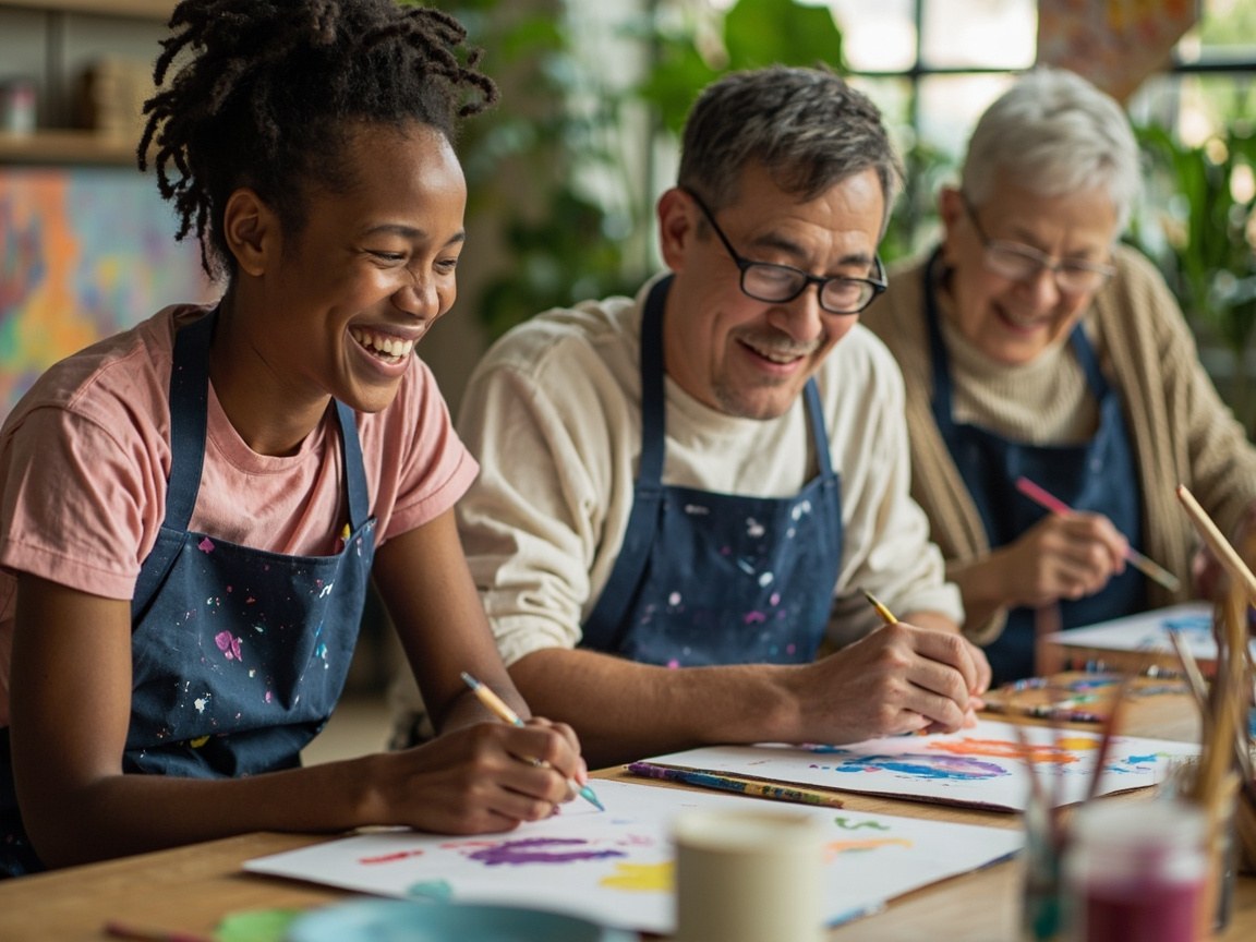 Three people painting together at a craft table, laughing