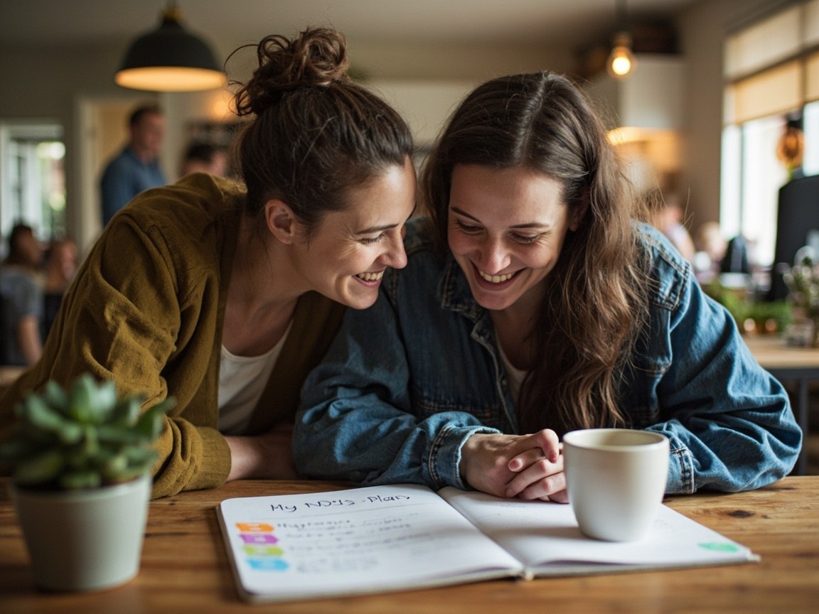 Two women reviewing an open NDIS plan notebook together at a table