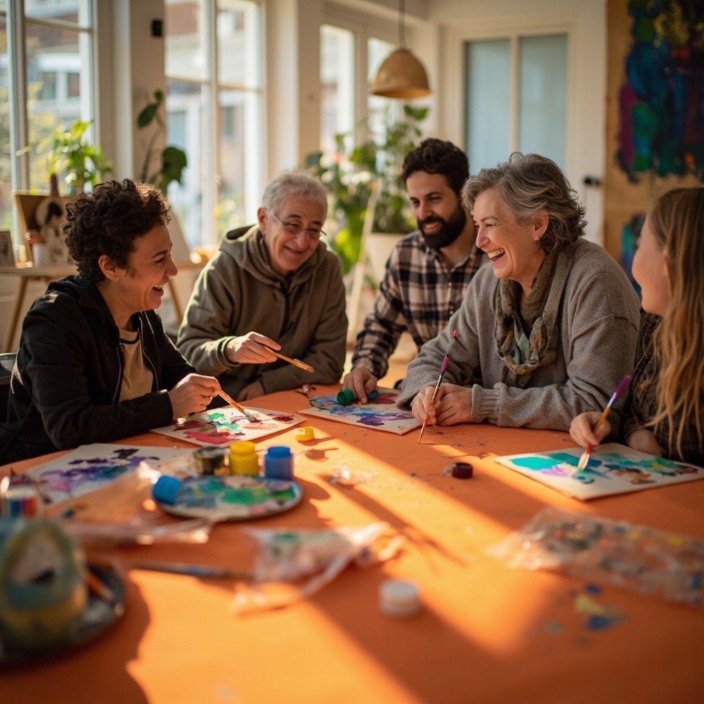 People painting together in a bright community art studio