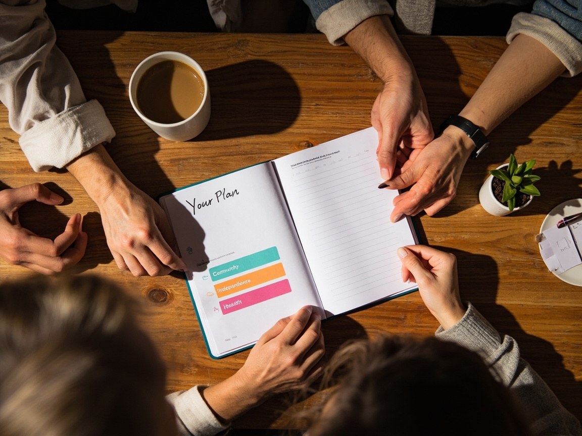 Overhead view of two people planning together with a notebook and coloured category cards