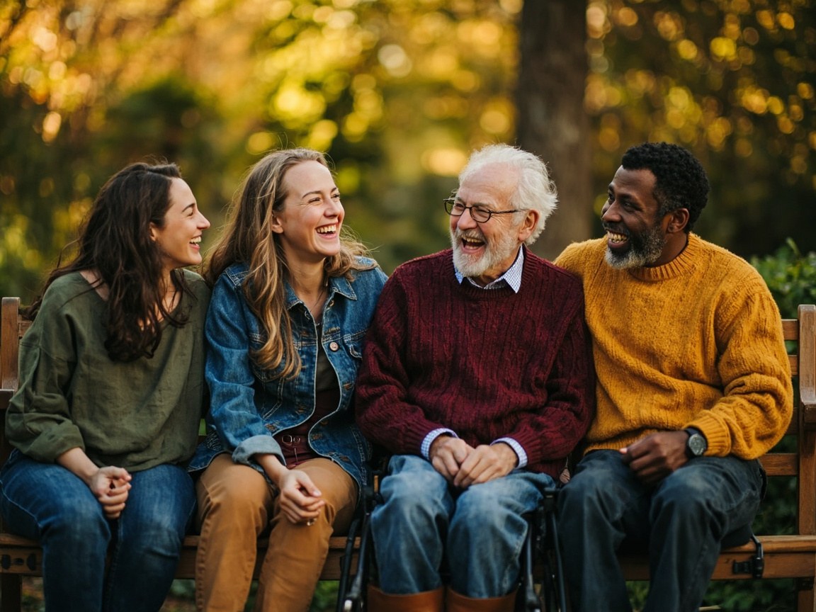 Four young adults laughing together on a garden bench